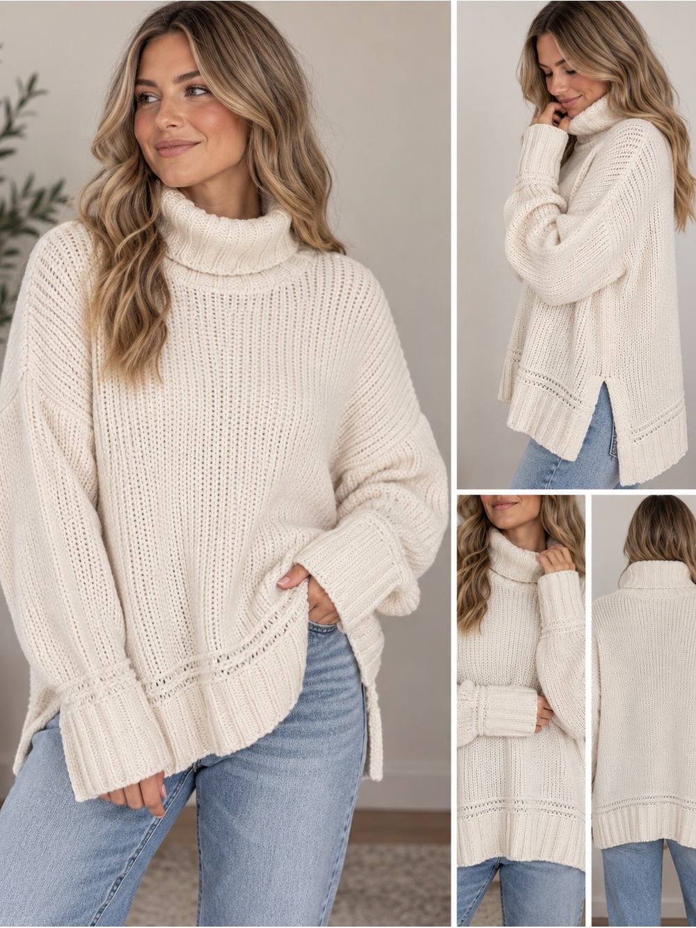 Aerie Cream White Chunky Knit Turtleneck Sweater Small Cozy Oversized